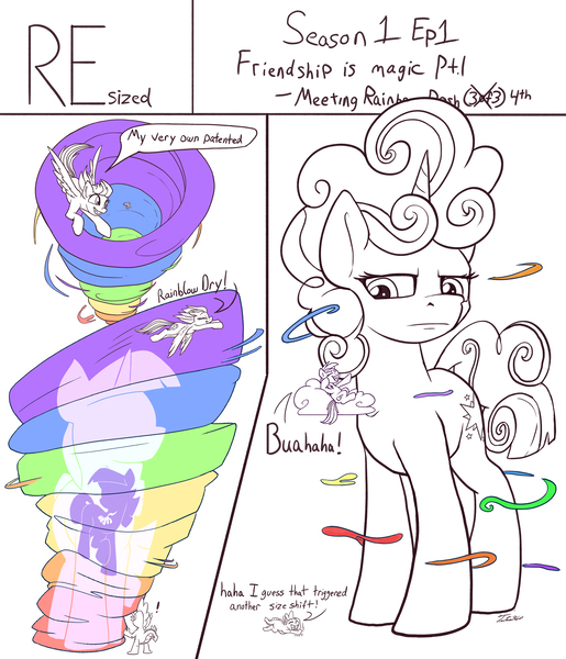 Size: 2000x2328 | Tagged: safe, artist:tsitra360, derpibooru import, rainbow dash, twilight sparkle, unicorn, comic:resized, friendship is magic, growth, image, jpeg, macro, micro, scene interpretation, series, tornado, unicorn twilight