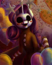 Size: 3000x3750 | Tagged: safe, artist:themessyfangirl, derpibooru import, rarity, pony, unicorn, balloon, crossover, five nights at freddy's, image, jpeg, solo, the puppet