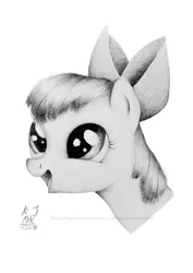 Size: 2480x3508 | Tagged: safe, artist:rachelmacready, derpibooru import, apple bloom, pony, bust, female, filly, happy, image, jpeg, monochrome, portrait, solo