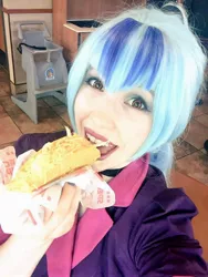 Size: 960x1280 | Tagged: safe, artist:littlemissbloo, derpibooru import, sonata dusk, human, equestria girls, clothes, cosplay, costume, food, image, irl, irl human, jpeg, open mouth, photo, sonataco, taco, that girl sure loves tacos