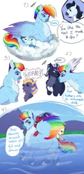 Size: 1700x3500 | Tagged: safe, artist:theartfox2468, derpibooru import, rainbow dash, soarin', oc, oc:cascade mist, oc:cloudy cumulonimbus contrail, oc:crimson wind, oc:lightning bolt spectrum, oc:xanthia, pegasus, pony, worm, alternate design, alternate hairstyle, assisted preening, colored wings, colt, dialogue, female, filly, grooming, gummy worm, image, male, mare, markings, momma dash, mother and child, mother and daughter, mother and son, multicolored wings, nest, offspring, parent:rainbow dash, parent:soarin', parents:soarindash, png, ponies riding ponies, preening, rainbow wings, redesign, riding, shipping, soarindash, stallion, straight, swimming, unshorn fetlocks, water, wings