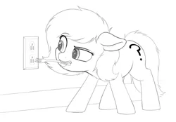 Size: 2277x1584 | Tagged: safe, artist:smoldix, derpibooru import, oc, oc:anonfilly, pony, electrical outlet, female, filly, floppy ears, fork, grayscale, image, monochrome, mouth hold, png, sketch, solo, this will end in electrocution, tongue out