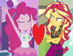 Size: 1662x1280 | Tagged: safe, derpibooru import, pinkie pie, sunset shimmer, constructive criticism, equestria girls, equestria girls series, forgotten friendship, crossed arms, eyes closed, female, image, lesbian, png, shipping, shipping domino, sunsetpie