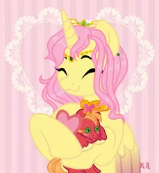 Size: 1828x2000 | Tagged: safe, alternate version, artist:vizirka, derpibooru import, big macintosh, fluttershy, oc, oc:princess fluttershy, alicorn, pony, alicorn oc, alternate cutie mark, alternate hairstyle, alternate universe, commission, doll, element of generosity, element of honesty, element of kindness, element of laughter, element of loyalty, element of magic, elements of harmony, female, fluttermac, gift giving, hearts and hooves day, horn, image, jewelry, jpeg, love letter, male, princess fluttershy, shipping, smiling, solo, straight, tiara, toy, wings, ych result