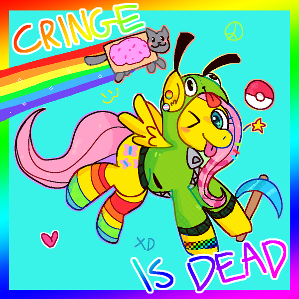 Size: 1000x1000 | Tagged: safe, artist:corvidcactus, derpibooru import, fluttershy, pony, clothes, fluttgirshy, hoodie, image, invader zim, nyan cat, one eye closed, pickaxe, png, rainbow socks, running, socks, solo, striped socks, tongue out