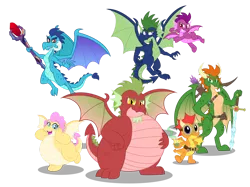 Size: 1280x955 | Tagged: safe, artist:aleximusprime, derpibooru import, princess ember, oc, oc:buttercream, oc:buttercream the dragon, oc:grumblebog, oc:grumblebog the dragon, oc:penelope, oc:penny, oc:penny the dragon, oc:percy, oc:percy the dragon, oc:perseus, oc:sizzle, oc:sizzle the dragon, oc:smelt, dragon, arrow, beard, belly, belt, big belly, bloodstone scepter, bottle, bow, bow and arrow, bow (weapon), chubby, cute, dragoness, dragon horns, dragon oc, dragon wings, facial hair, fantasy class, fat, female, flurry hearts story, frills, goggles, group shot, image, plump, png, scales, scepter, scientist, spikes, super dragon warriors, sword, warrior, weapon, wings