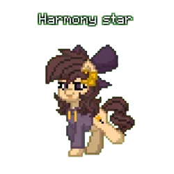 Size: 768x768 | Tagged: safe, artist:rainyponyindo, derpibooru import, oc, oc:harmony star, unofficial characters only, pony, unicorn, pony town, :p, bow, clothes, female, flower, flower in hair, hoodie, image, mare, name tag, png, simple background, tongue out, transparent background, walking