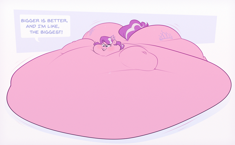 Size: 3000x1850 | Tagged: questionable, artist:secretgoombaman12345, derpibooru import, diamond tiara, earth pony, pony, abstract background, belly, belly bed, big belly, bingo wings, both cutie marks, butt, chubby cheeks, dialogue, fat, female, high res, huge belly, huge butt, image, impossibly large belly, impossibly large butt, large butt, morbidly obese, obese, png, solo, solo female, speech bubble, stretched cutie mark