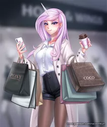 Size: 1000x1183 | Tagged: safe, artist:racoonsan, derpibooru import, fleur-de-lis, human, female, horn, horned humanization, humanized, image, jpeg, looking at you, shopping, shopping bags, solo