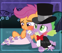 Size: 2065x1768 | Tagged: safe, artist:interstellar-quartz, derpibooru import, scootaloo, spike, pony, blushing, bridesmaid dress, clothes, dress, female, hat, image, male, png, scootaspike, shipping, straight, top hat, tuxedo
