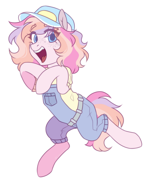 Size: 800x997 | Tagged: safe, artist:lynesssan, derpibooru import, oc, oc:bubblegum, earth pony, pony, cap, clothes, female, hat, image, mare, overalls, png, shirt, simple background, solo, transparent background