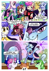 Size: 2100x3000 | Tagged: safe, artist:loryska, derpibooru import, trixie, oc, oc:clarabelle, oc:conundrum solar flare, oc:plumeria, unofficial characters only, earth pony, gryphon, hybrid, pegasus, pony, zony, comic:friendship grows, clothes, comic, female, image, mare, offspring, parent:quibble pants, parent:rainbow dash, parents:quibbledash, png