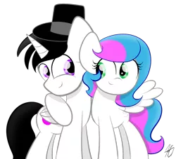 Size: 1150x1044 | Tagged: safe, artist:sugarcloud12, derpibooru import, oc, oc:spirit art, oc:sugar cloud, unofficial characters only, alicorn, pegasus, pony, female, hat, hug, image, male, mare, png, simple background, stallion, top hat, transparent background