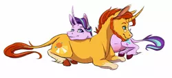 Size: 1598x727 | Tagged: safe, artist:eperyton, derpibooru import, starlight glimmer, sunburst, classical unicorn, pony, unicorn, cloven hooves, cuddling, curved horn, female, glasses, horn, image, jpeg, leonine tail, lying down, male, mare, pregnant, prone, shipping, simple background, stallion, starburst, straight, unshorn fetlocks, white background