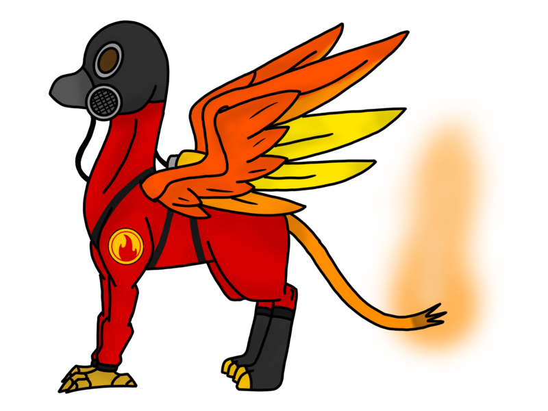 Size: 4096x3072 | Tagged: safe, artist:agdapl, derpibooru import, gryphon, clothes, crossover, gas mask, griffonized, image, male, mask, png, pyro, simple background, smiling, solo, species swap, team fortress 2, transparent background