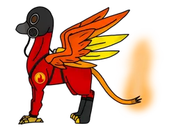 Size: 4096x3072 | Tagged: safe, artist:agdapl, derpibooru import, gryphon, clothes, crossover, gas mask, griffonized, image, male, mask, png, pyro, simple background, smiling, solo, species swap, team fortress 2, transparent background