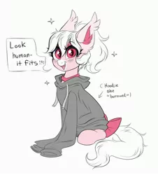 Size: 3583x3960 | Tagged: safe, artist:confetticakez, derpibooru import, oc, oc:cream puff, unofficial characters only, bat pony, pony, blushing, bow, clothes, cute, hoodie, image, jpeg, looking at you, ocbetes, oversized clothes, oversized shirt, shirt, smiling, solo, sparkles, sweater, tail bow