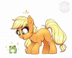 Size: 2923x2351 | Tagged: safe, artist:confetticakez, derpibooru import, applejack, amphibian, earth pony, frog, pony, blonde mane, blonde tail, cowgirl, female, filly, freckles, green eyes, image, jpeg, open mouth, orange fur, ponytail, shiny mane, simple background, smiling, sparkles, tomboy, watermark, white background