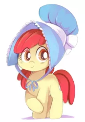 Size: 453x650 | Tagged: safe, artist:ende26, derpibooru import, edit, apple bloom, pony, family appreciation day, adorabloom, bonnet, cute, eye clipping through hair, female, image, inverted mouth, jpeg, raised hoof, simple background, smiling, solo, white background