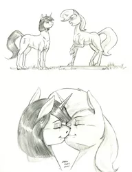 Size: 1000x1303 | Tagged: safe, artist:baron engel, derpibooru import, oc, oc:marble vein, oc:petina, pony, unicorn, female, image, jpeg, kissing, lesbian, mare, monochrome, pencil drawing, story included, traditional art