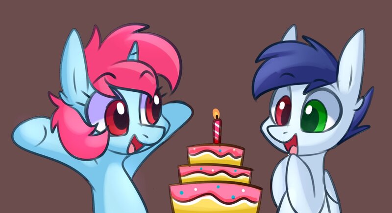 Size: 1750x953 | Tagged: safe, artist:handgunboi, derpibooru import, oc, oc:slipstream, oc:starfire, pegasus, pony, unicorn, cake, candle, food, happy birthday, horn, image, jpeg, pegasus oc, unicorn oc, wings