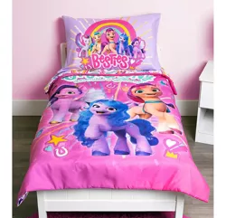 Size: 1400x1352 | Tagged: safe, derpibooru import, official, hitch trailblazer, izzy moonbow, pipp petals, sunny starscout, zipp storm, earth pony, pegasus, pony, unicorn, my little pony: a new generation, bed, bedsheets, female, g5, image, irl, male, mane five (g5), mare, photo, pillow, pillowcase, png, stallion