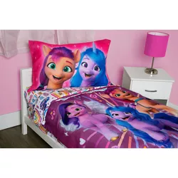Size: 1400x1400 | Tagged: safe, derpibooru import, official, hitch trailblazer, izzy moonbow, pipp petals, sunny starscout, zipp storm, earth pony, pony, unicorn, my little pony: a new generation, bed, bedsheets, female, g5, image, irl, male, mane five (g5), mare, photo, pillow, pillowcase, png, stallion