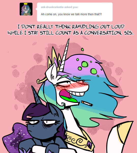 Size: 765x851 | Tagged: safe, artist:herny, derpibooru import, princess celestia, princess luna, alicorn, pony, luna-afterdark, annoyed, ask, blushing, cigarette, dialogue, drunk, drunk bubbles, drunk celestia, duo, duo female, female, females only, image, open mouth, pink background, png, simple background, talking, text, tumblr, unamused