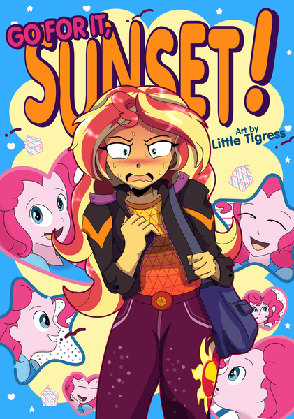 Size: 2000x2850 | Tagged: safe, artist:littletigressda, derpibooru import, pinkie pie, sunset shimmer, equestria girls, equestria girls series, sunset's backstage pass!, spoiler:eqg series (season 2), blushing, female, go for it nakamura!!, image, lesbian, music festival outfit, png, shipping, sunsetpie, sweat