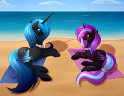 Size: 4512x3528 | Tagged: safe, artist:starshade, derpibooru import, oc, oc:ebony nightshade, oc:harmonic melodia, unofficial characters only, alicorn, pony, beach, commission, female, image, mare, ocean, png, seashore, summer