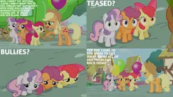 Size: 1280x720 | Tagged: safe, derpibooru import, edit, edited screencap, editor:quoterific, screencap, apple bloom, applejack, scootaloo, sweetie belle, earth pony, pegasus, pony, unicorn, one bad apple, season 3, apple bloom's bow, applejack's hat, balloon, bow, cowboy hat, cutie mark crusaders, female, filly, hair bow, hat, image, implied babs seed, jpeg, mare, open mouth