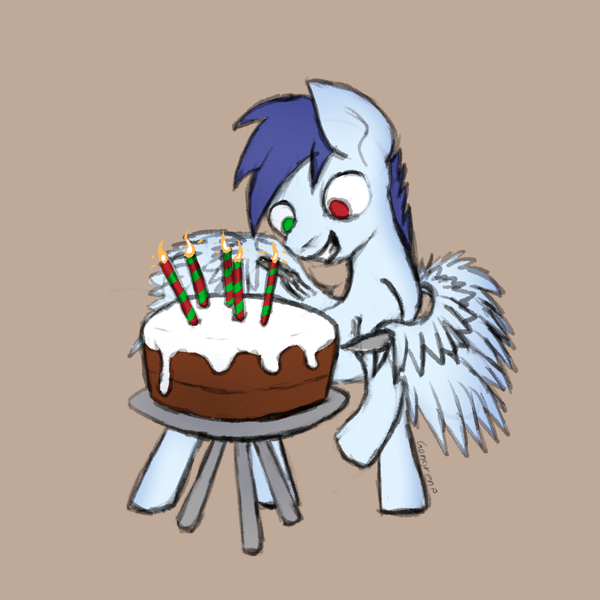 Size: 2048x2048 | Tagged: safe, artist:gangrene, derpibooru import, oc, oc:slipstream, unofficial characters only, pegasus, pony, cake, candle, food, fork, image, knife, png, simple background, sketch, solo, standing, wing hands, wing hold, wings