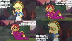 Size: 1280x720 | Tagged: safe, derpibooru import, edit, edited screencap, editor:quoterific, screencap, applejack, sunset shimmer, equestria girls, equestria girls series, wake up!, spoiler:eqg series (season 2), clothes, crossed arms, duo, duo female, female, image, music, open mouth, pajamas, png, smiling, wake up!: applejack