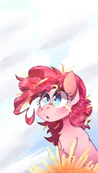 Size: 1080x1920 | Tagged: safe, artist:wacky-skiff, derpibooru import, pinkie pie, earth pony, pony, crops, food, image, messy mane, oats, open mouth, png, sky, solo