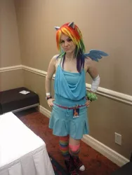 Size: 960x1280 | Tagged: safe, artist:rina-chan, derpibooru import, rainbow dash, human, brony fan fair, brony fan fair 2014, clothes, cosplay, costume, hand on hip, image, irl, irl human, jpeg, kira buckland, photo, sleeveless