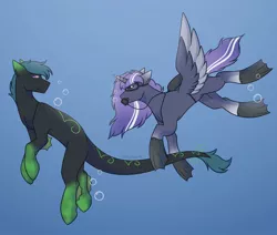 Size: 1650x1400 | Tagged: safe, artist:neonlight115, derpibooru import, oc, unofficial characters only, alicorn, merpony, pony, bubble, crepuscular rays, diving goggles, fins, flippers, flowing mane, horn, image, jpeg, looking at each other, ocean, purple eyes, purple mane, smiling, spread wings, swimming, tail, underwater, water, wings
