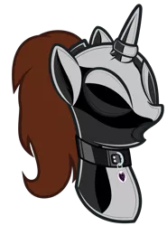 Size: 2558x3451 | Tagged: semi-grimdark, artist:severity-gray, derpibooru import, oc, oc:chloe adore, unofficial characters only, pony, alternate hairstyle, asphyxiation, breathplay, bust, clothes, collar, cutie mark, cutie mark accessory, cutie mark collar, horn, horn ring, image, jewelry, latex, latex mask, latex suit, magic suppression, mask, open mouth, png, ponytail, portrait, ring, rubber, shiny, simple background, solo, suffocating, transparent background