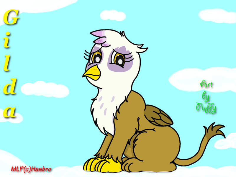 Size: 1024x768 | Tagged: safe, artist:puffydearlysmith, derpibooru import, gilda, gryphon, chickub, cloud, cute, female, gildadorable, image, li'l gilda, looking at you, png, younger
