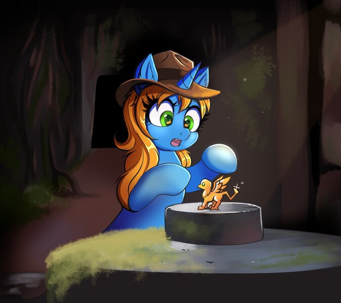 Size: 4000x3556 | Tagged: safe, artist:confetticakez, derpibooru import, oc, unofficial characters only, gryphon, pony, unicorn, bipedal, gold, hat, image, indiana jones, jpeg, open mouth, parody, scene interpretation, solo, statue, wide eyes