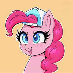 Size: 4000x4000 | Tagged: safe, artist:confetticakez, derpibooru import, pinkie pie, earth pony, pony, backwards ballcap, baseball cap, blushing, cap, happy, hat, image, jpeg, smiling, solo