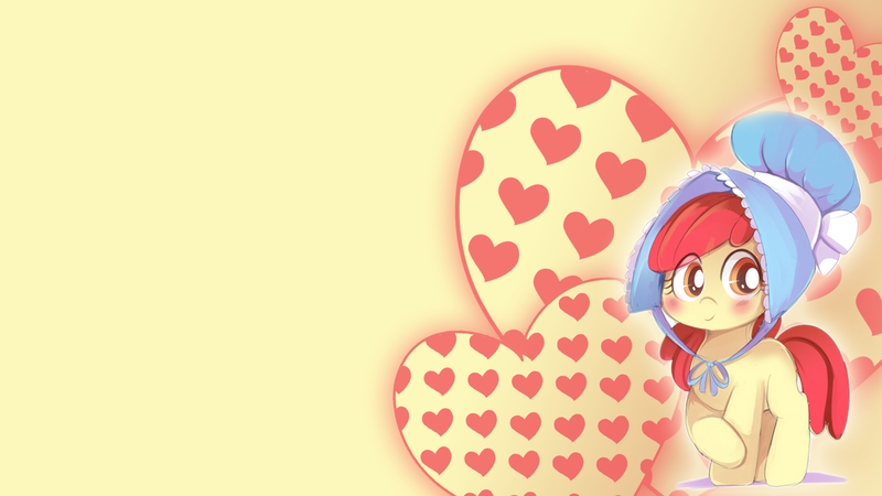 Size: 1920x1080 | Tagged: safe, artist:ende26, derpibooru import, edit, apple bloom, pony, family appreciation day, adorabloom, blushing, bonnet, cute, eye clipping through hair, female, heart, image, inverted mouth, png, raised hoof, simple background, smiling, solo, wallpaper, white background