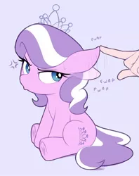 Size: 1162x1468 | Tagged: safe, artist:shinodage, diamond tiara, earth pony, human, pony, angry, cross-popping veins, ear play, ears, female, filly, floppy ears, hand, heart hooves, image, jpeg, looking at something, looking back, offscreen character, onomatopoeia, pouting, simple background, sitting, underhoof