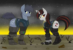Size: 3000x2049 | Tagged: safe, artist:rorrek, derpibooru import, oc, oc:blackjack, oc:p-21, cyborg, earth pony, unicorn, fallout equestria, fallout equestria: project horizons, augmented, derpibooru exclusive, fanfic art, female, image, injured, male, png, post-apocalyptic, red and black mane, scar, wasteland