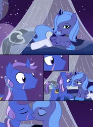 Size: 2500x3400 | Tagged: safe, artist:jelisicli, derpibooru import, princess luna, oc, oc:azure night, alicorn, pony, unicorn, azuna, bed, canon x oc, clothes, comic, commission, curved horn, female, filly, high res, horn, image, kissing, male, png, socks, stallion, unicorn oc, woona, ych result, younger