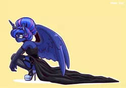 Size: 2048x1423 | Tagged: safe, artist:lrusu, derpibooru import, princess luna, alicorn, anthro, plantigrade anthro, clothes, dress, ear piercing, earring, evening gloves, garter, gloves, high heels, image, jewelry, jpeg, lidded eyes, long gloves, looking back, piercing, platform shoes, shoes, socks, solo, spread wings, squatting, stockings, thigh highs, unamused, wings