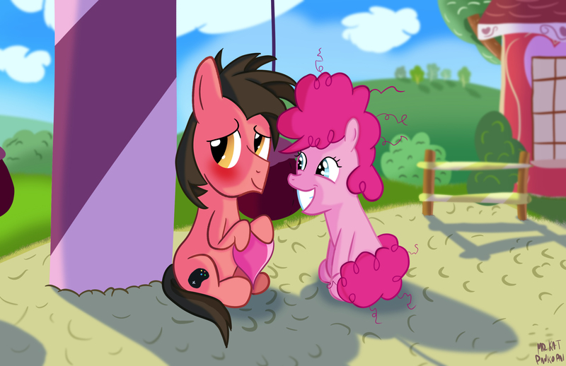 Size: 2917x1889 | Tagged: safe, artist:mrkat7214, derpibooru import, pinkie pie, oc, oc:ace play, earth pony, pony, blushing, canon x oc, colt, cute, female, filly, filly pinkie pie, foal, grin, heart, image, jpeg, male, pinkieplay, playground, shipping, smiling, straight, younger