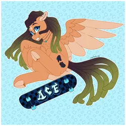 Size: 2300x2300 | Tagged: safe, artist:liefsong, derpibooru import, oc, oc:acid drop, unofficial characters only, pegasus, pony, dreadlocks, female, grin, high res, image, looking at you, mare, pegasus oc, png, simple background, skateboard, smiling, smiling at you, solo, underhoof, wings