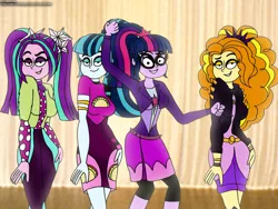 Size: 1280x960 | Tagged: safe, artist:rdj1995, derpibooru import, adagio dazzle, aria blaze, sci-twi, sonata dusk, twilight sparkle, equestria girls, female, glasses, grin, image, jpeg, looking at you, performing, radio city music hall, smiling, smiling at you, the dazzlings