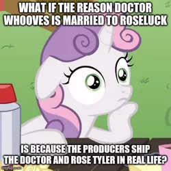 Size: 500x500 | Tagged: safe, derpibooru import, sweetie belle, caption, exploitable meme, image, image macro, implied doctor whooves, implied roseluck, implied shipping, jpeg, meme, obligatory pony, sudden clarity sweetie belle, text
