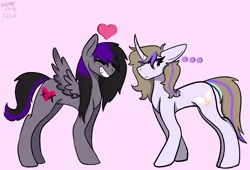 Size: 2431x1657 | Tagged: safe, artist:revenge.cats, derpibooru import, oc, oc:drizzling dasher, pegasus, pony, unicorn, colored wings, curved horn, duo, duo female, emo, fangs, female, gradient wings, heart, horn, image, implied lesbian, implied shipping, pink background, png, short hair, simple background, small wings, smiling, triforce, wings